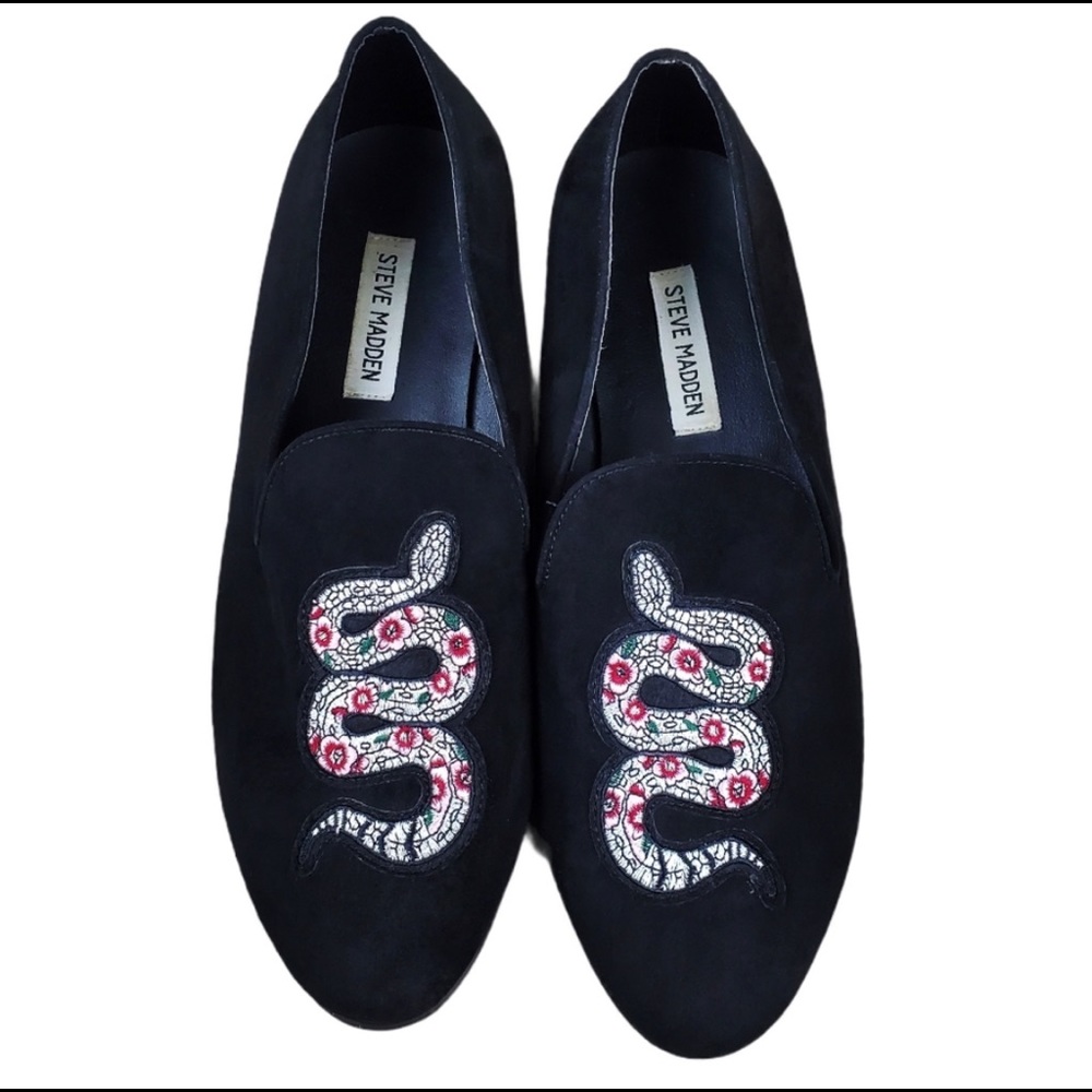 STEVE MADDEN Black Faux Suede Boa Snake Dress Slipper Loafers